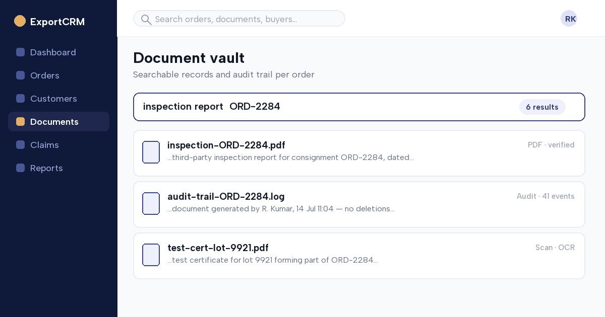 Searchable audit trail and document vault per export order — ExportCRM