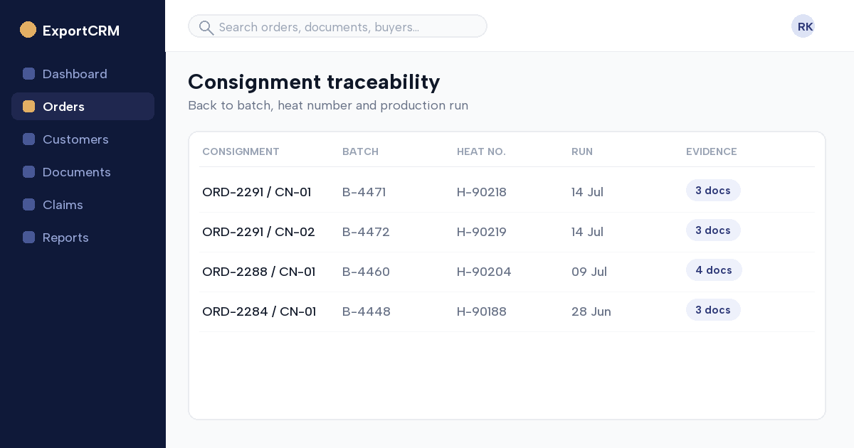 Consignment traced back to batch, heat number and production run — ExportCRM