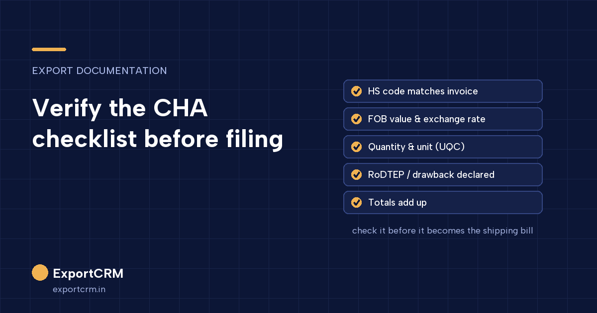 CHA checklist verification: the checklist PDF compared with the commercial invoice before the shipping bill is filed on ICEGATE