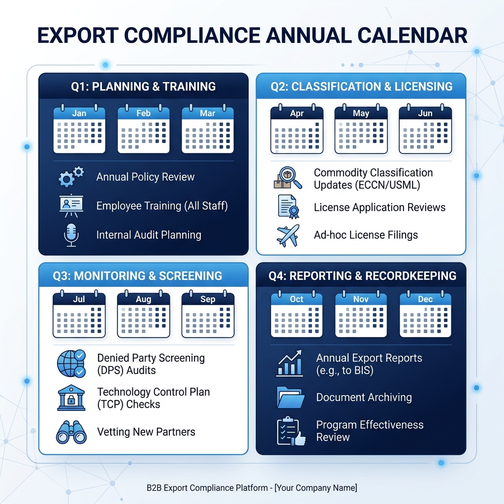 Calendar-style diagram grouping exporter compliance obligations by annual, per-consignment, per-authorisation and event-driven clocks