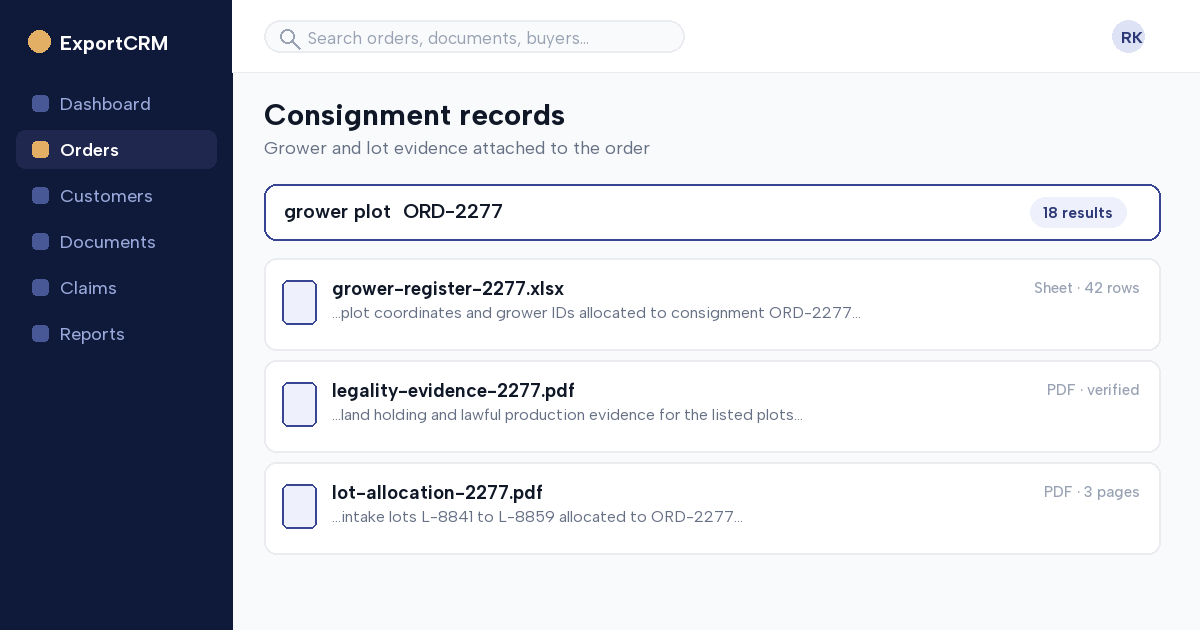 Grower and lot records attached to an export consignment — ExportCRM