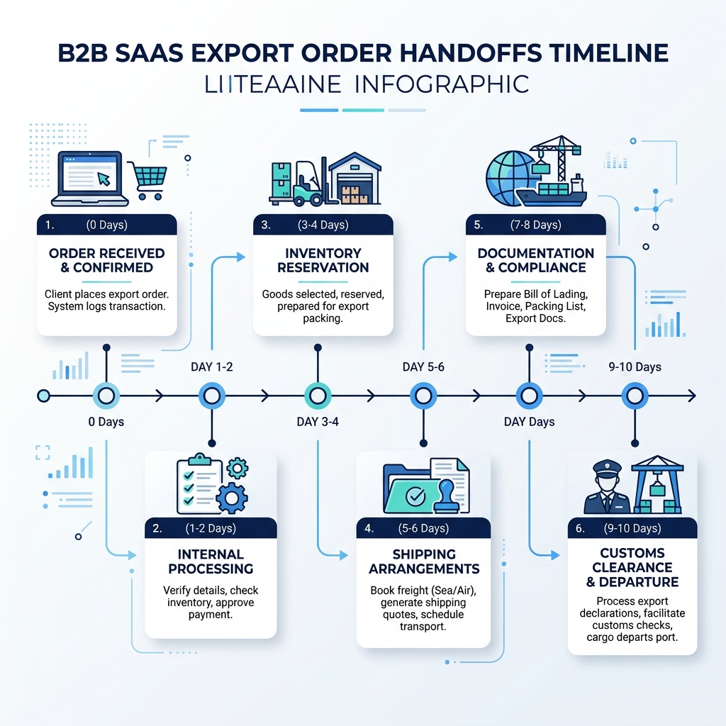 Timeline diagram of the export order-to-cash cycle from purchase order acceptance through to payment realisation