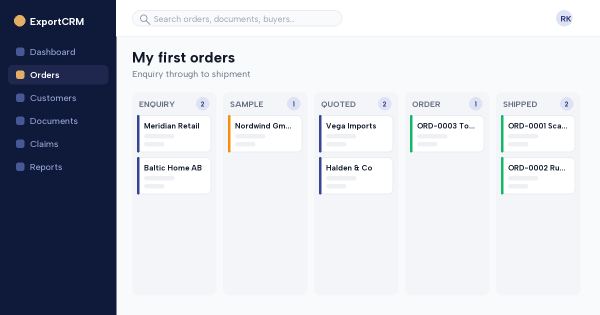First export order tracked from enquiry to shipment in ExportCRM