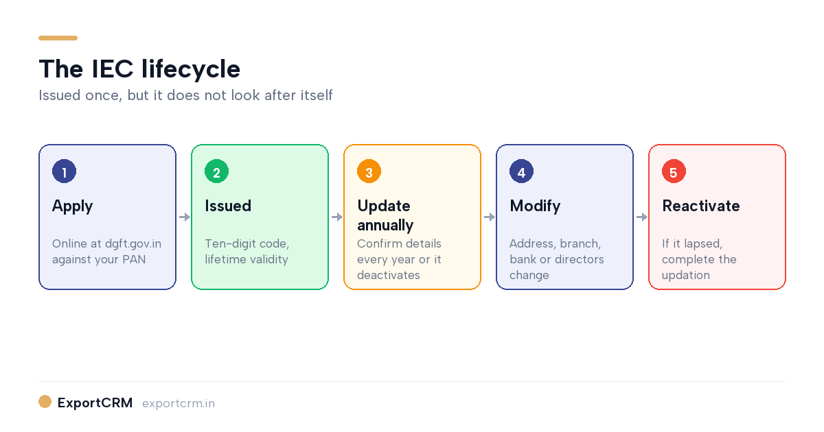 IEC lifecycle diagram: apply, update annually, modify, reactivate — ExportCRM