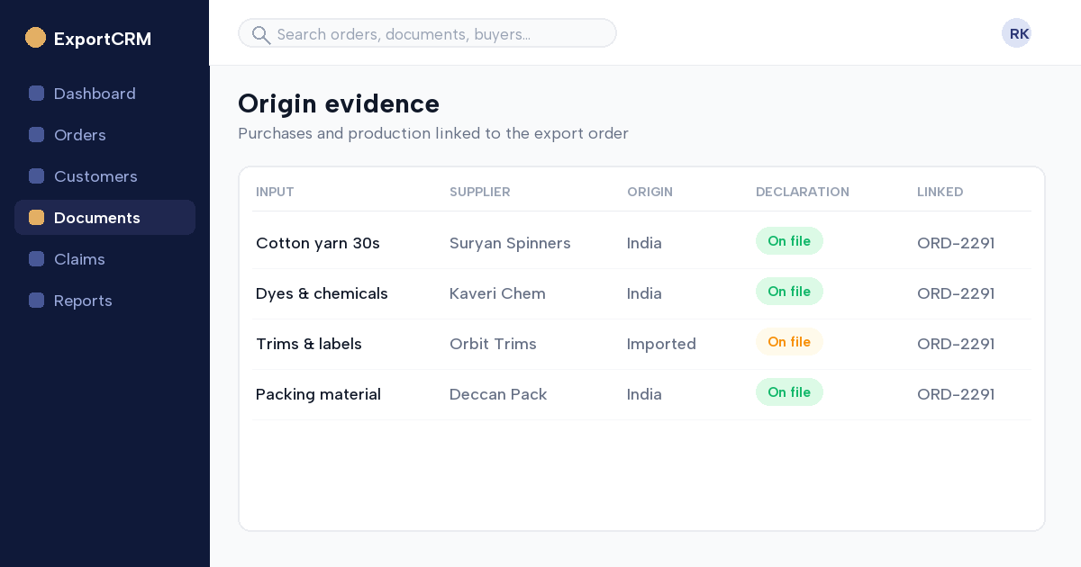 Purchase and production records linked to an export order for origin verification — ExportCRM