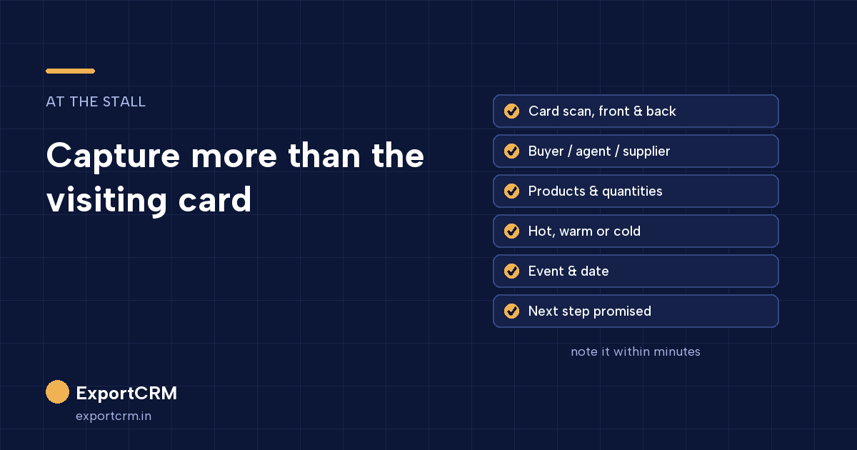 What to capture for each trade fair visitor: card scan, category, products discussed, interest level, event and next step